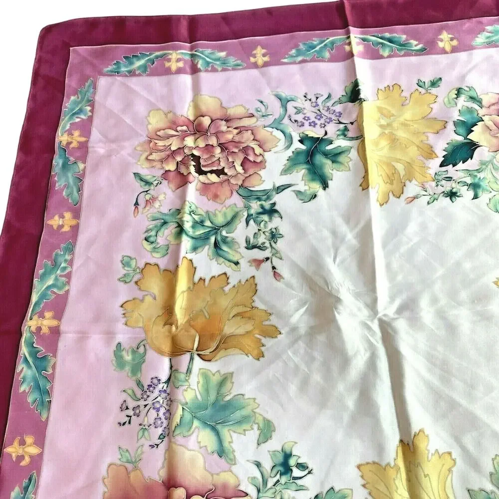 Claudine Dieu hand painted silk scarf 34” square Asian florals pink red yellow